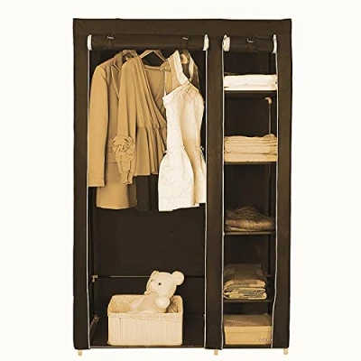 Afbeelding van Aramrio Stoffen kast, draagbare kledingkast met kledingstangen om op te hangen, kledingrek, opvouwbaar, kledingkast, slaapkamer, werkkast, voor bruin, 110 x 45 178 cm