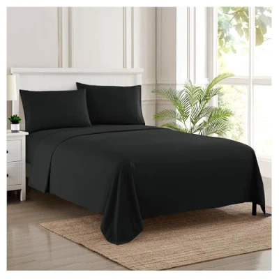 Afbeelding van Sweet Home Collection Luxe beddengoedset met plat, hoeslaken, 2 kussenslopen, microvezel, zwart, tweepersoons
