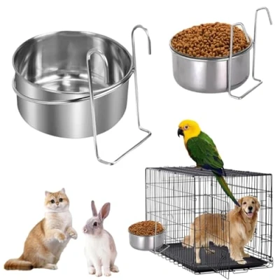 Afbeelding van ZHYUAN 2 stuks voederbak van roestvrij staal met haken, voor hondenbench, hondenbak om op te hangen, hangende in kooi, honden, katten, kleine dieren