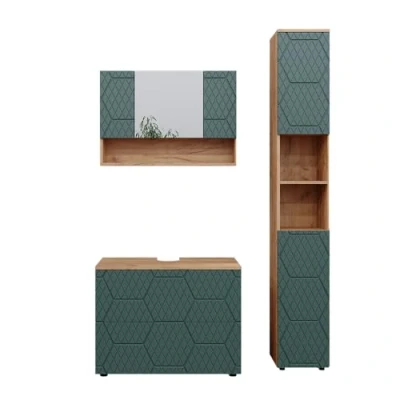 Afbeelding van Vicco Badkamermeubel set Irma, Groen/Krachtige eik goud, 3 stuks, met spiegelkast 80 cm