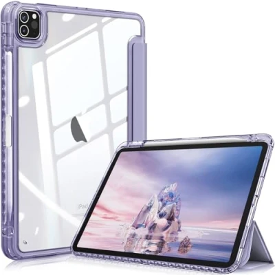 Afbeelding van FINTIE Hybride hoes compatibel met iPad Pro 11 inch (2022/2021/2020/2018, 4e/3e/2e/1e generatie) ultraslank schokbestendig doorzichtig hoesje potloodhouder, automatisch waken/slapen, violet