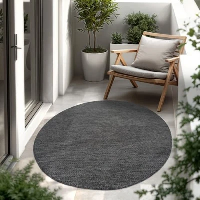 Afbeelding van Paco Home Tapijt Vloerkleed In &amp; Outdoor Balkon Terras Keukenvloerkleed Eenkleurig Gemêleerd Patroon, Maat:Ø 200 cm rondje, Kleur:Antraciet