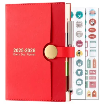 Afbeelding van Academisch dagboek 2025 2026 A5 pagina per dag, van augustus tot 2026, 13 maanden dagelijkse planner, hardcover met pen (rood)