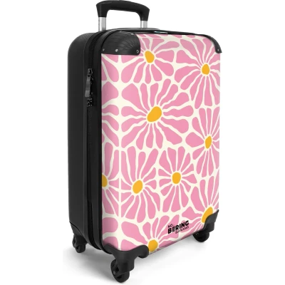 Afbeelding van NoBoringSuitcases.com® Handbagage koffer lichtgewicht Reiskoffer trolley Beige met roze en oranje bloemen Rolkoffer wieltjes Past binnen 55x40x20 55x35x25