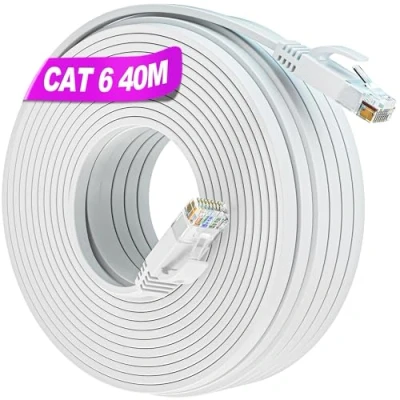 Afbeelding van Soibke LAN kabel 40 Meter platte band, Cat 6 netwerkkabel wifi 40m witte hoge snelheid gigabit ethernetkabel lange internetkabel RJ45 dunne patchkoord flexibel compatibel met Cat.5 Cat.5e