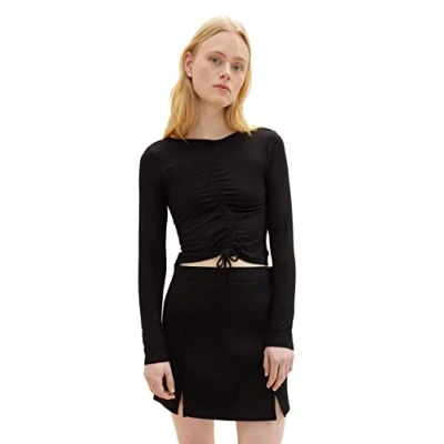 Afbeelding van TOM Tailor Denim Curved Rouching Longsleeve, Dames, Maat: XXL, Deep black