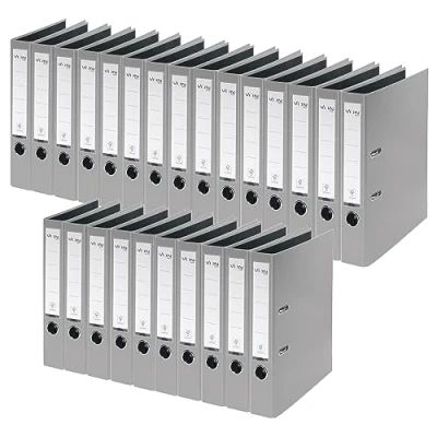 Afbeelding van VON Leitz Ordner A4, verpakking van 25 stuks, karton met kunststof omslag, 50 mm rugbreedte, voor 350 vellen, blauwe engel en FSC gecertificeerd, school, studie thuis, grijs, 10560085