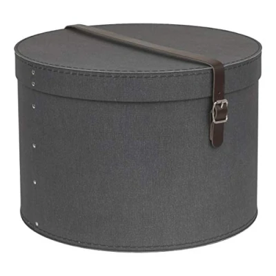 Afbeelding van Bigso Box of Sweden Set van 2 opbergdozen met deksel, ronde opbergbox leren riem, grote en kleine hoedendoosjes vezelplaat papier in linnenlook, zwart