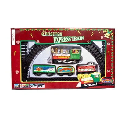 Afbeelding van Decoratieve kersttrein 9 delig mini trein voor Kerstmis spoorweg met locomotief, 3 wagons en 5 rails totale grootte ca. 59x27 cm