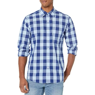 Afbeelding van Amazon Essentials Men&#039;s Casual poplin overhemd met normale pasvorm en lange mouwen, Blauw Geruit, M
