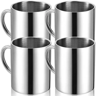 Afbeelding van 4 stuks 300 ml roestvrij stalen koffiemokken, koffiekopjes, dubbelwandige isolatiebekers, set van ml, zilverkleurig