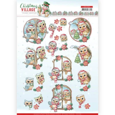 Afbeelding van Christmas Owls Village 3D Cutting Sheet by Yvonne Creations 10 stuks