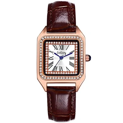 Afbeelding van JewelryWe Dameshorloge, analoog kwartsuurwerk, klassiek zakelijk casual horloge met leren armband voor vrouwen en meisjes, Type 4 rechts bruin