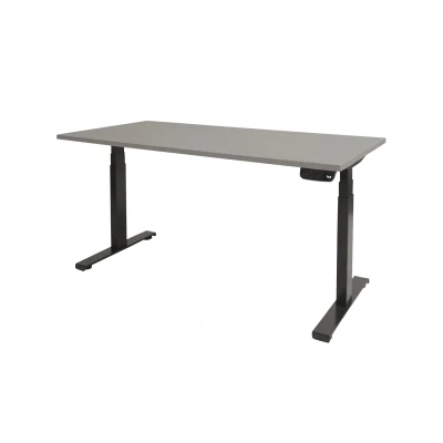 Afbeelding van Dextro plus zit/sta 140x80cm, electrisch hoogte verstelbare werkplek, T poot frame. Frame kleur zwart (RAL9005) en blad licht grijs.