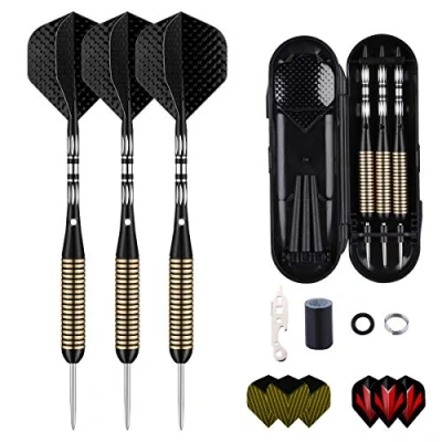 Afbeelding van sanfeng Dartpijlen met metalen punt, 3 stuks 27 gram stalen darts pijlen aluminium schacht 9 flights,50 anti losse rubberen ringen, 12 veerringen, 1 dart tool sharpener