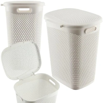 Afbeelding van KADAX Plastic wasbak, lichte wasmand, wasverzamelaar van kunststof, luchtdoorlatende wasbox, met deksel (wit)