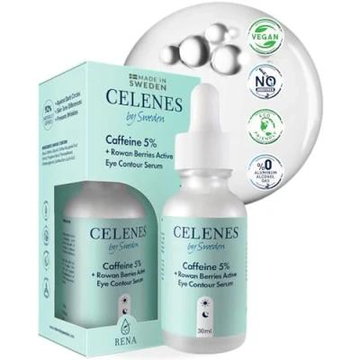 Afbeelding van Celenes by Sweden Oogcontour Serum + Antioxidant 5% Cafeïne Lijsterbes, Verheldert &amp; Vermindert Donkere Kringen, Zonder Alcohol, Geurstoffen, Parabenen 30ml