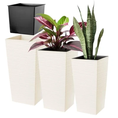 Afbeelding van KADAX Bloempotset, bloempot van kunststof, plantenbak, weerbestendige bloempot, voor binnen en buiten, (crème, set 3 stuks)
