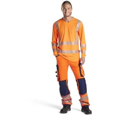 Afbeelding van Blaklader High Vis werkbroek met 4 weg stretch zonder spijkerzakken 1197 1642 Oranje/Marineblauw C154