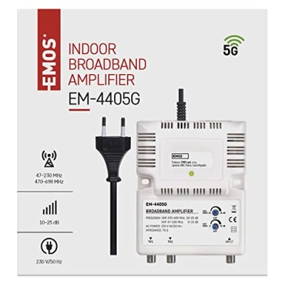 Afbeelding van EMOS Breedbandversterker 25 dB (frequentiebereik 47 230 MHz, 470 698 MHz) voor DVB T2, kabeltelevisie of antennes, 1 ingang, 2 uitgangen, 10,5 x 13,5 4 cm
