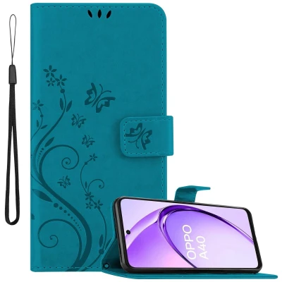 Afbeelding van Cadorabo Hoesje geschikt voor Oppo A40 in BLOEMEN BLAUW Beschermhoes bloemmotief met magnetische sluiting, standfunctie en kaartsleuven Book Case Cover Etui