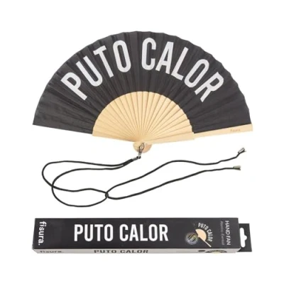 Afbeelding van Fisura Originele handwaaier &quot;p*to calor&quot;. Moderne en grappige houten waaier. Zwart witte Afmetingen: 42,5 x 23 cm. Hout textiel.