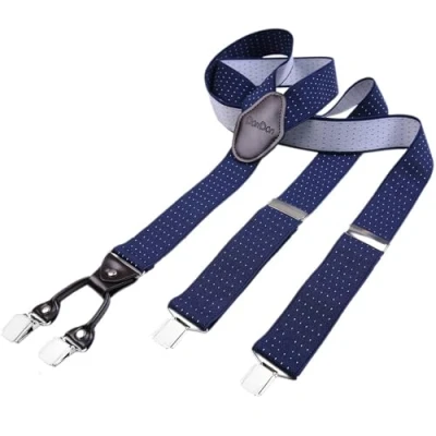 Afbeelding van DonDon herenbretels 3,5 cm breed 4 clips van bruin leer in Y vorm elastisch en verstelbaar donkerblauw met patroon