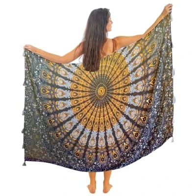 Afbeelding van Mandala Life ART Blauwe sarong voor dames, pareo met franjes, hoogwaardig rayon/katoen, grote strandhanddoek, wikkelrok, strandrok, wandtapijt, wikkeldoek, bikini bedekking, doek badpak, Black