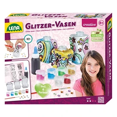 Afbeelding van Lena 42693 Knutselset glittervazen, complete set met 3 kleine kunststof flesjes, 6 glinsterende kleuren, tekenpenseel, contourpasta en decoratieve stenen, glastekenset voor kinderen vanaf 8 jaar