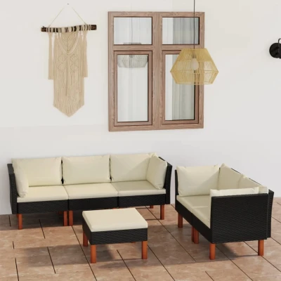 Afbeelding van 6 delige Loungeset met kussens poly rattan zwart