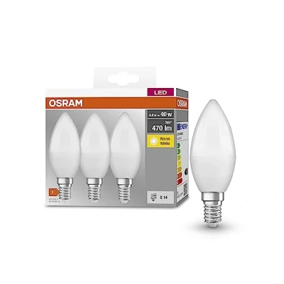Afbeelding van Osram Base Classic B 40 FR LED lamp met sokkel E14, mini kaarsenvorm, 3 pack, 4,9W, 470lm, 2700K, warm wit licht, lagere warmteontwikkeling, zeer laag energieverbruik, lange levensduur