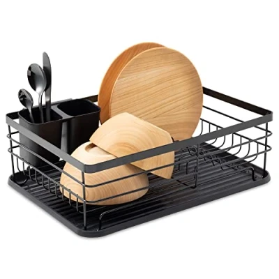 Afbeelding van Navaris afdruiprek Borden, bestek, potten en pannen droogrek voor keuken Modern retro design lekbak met metalen rek Zwart