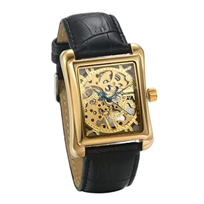 Afbeelding van JewelryWe Herenhorloge, analoog, automatisch horloge, mechanisch, lederen band, rechthoekig skelet, polshorloge, goud/zilver, goud, Kerstdag, Verjaardag