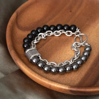 Afbeelding van Zentana Balans Armband Hematiet &amp; Onyx RVS Schakelarmband