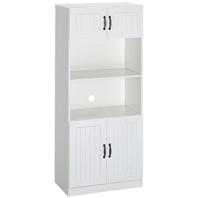 Afbeelding van HOMCOM keukenkast, keukenbuffet, hoge kast met 2 planken en kasten, eetkamerkast verstelbare planken, magnetronrek, antikantelriem, landelijke stijl, spaanplaat, wit, 70 x 40 170 cm