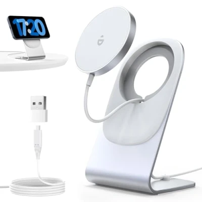 Afbeelding van Mag Safe oplader, draadloze inductief laadstation met aluminium standaard, magnetische inductielader, snellader compatibel iPhone 15/14/13, wit, zonder adapter