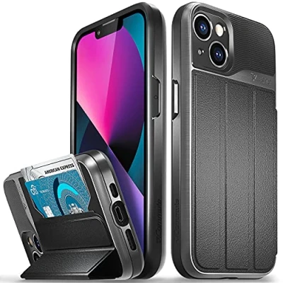 Afbeelding van VENA vCommute Beschermhoes voor Apple iPhone 13 (6,1 inch) (Militaire Grade, Kaartsleuven), Leren Portemonneehoesje met Standfunctie, Grijs