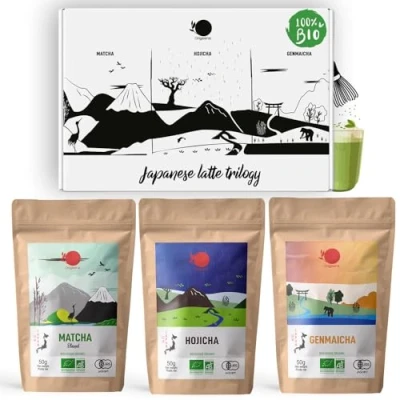 Afbeelding van ORIGEENS Matcha Latte TRILOGIE SET Bio Thee, Hojicha Genmaicha in poedervorm 3 * 50g Thee voor