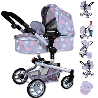 Afbeelding van knorr toys® Boonk combi poppenwagen, ster grijs roze