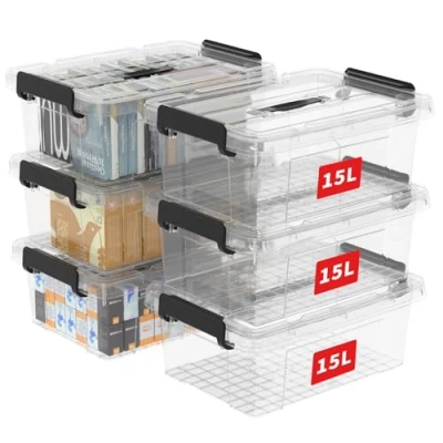 Afbeelding van Cetomo Set van 6 stapelbare opbergdozen met kliksluiting en deksel, transparant, 15 liter