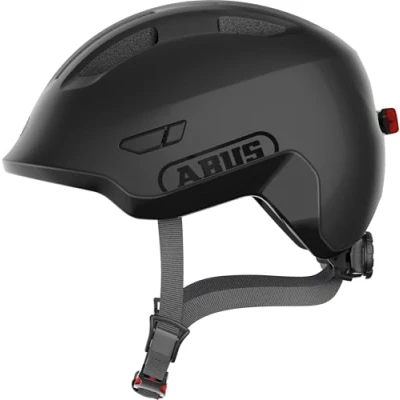 Afbeelding van ABUS Smiley kinderhelm 3.0 ACE LED fietshelm met licht diepe pasvorm &amp; ruimte voor een vlecht/staart meisjes en jongens zwart, maat S