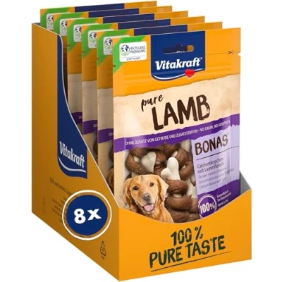 Afbeelding van Vitakraft Vleessnacks, pure lamsbonas, calciumbotten met lamsvlees, hondensnacks, in hersluitbare zak, zonder toegevoegde suiker en granen (8 x 80 g)