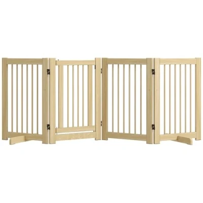 Afbeelding van PawHut Afsluithek voor honden, 4 delig, 204 x 75 cm, opvouwbaar deurbeschermingsrooster met deur, vrijstaand hondenhek 2 steunpoten, traphek van hout hal, keuken, trap, natuur