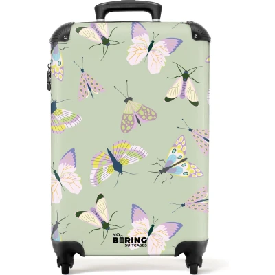 Afbeelding van NoBoringSuitcases.com® Handbagage koffer lichtgewicht Reiskoffer trolley Groen met vlinders Rolkoffer wieltjes Past binnen 55x40x20 en 55x35x25