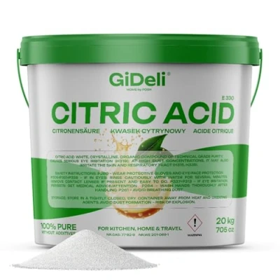 Afbeelding van GiDeli Citroenzuur levensmiddelenkwaliteit in poeder monohydraat 20.000 g pure E330 kristallen reinigingskwaliteit ontkalker zuurmiddel ongezoet hersluitbare emmer 20 kg