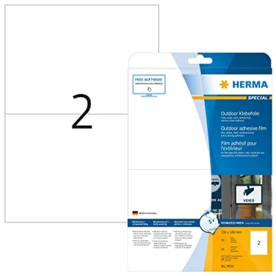 Afbeelding van HERMA 9535 weerbest outdoor folielabels A4 (210 x 148 mm, 10 velles, polyethyleen, mat) zelfklevend, bedrukbaar, extreme sterk klevende etiketten, 20 etiketten voor printer, wit