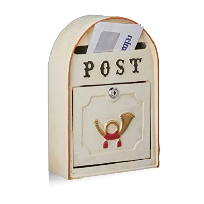 Afbeelding van Relaxdays brievenbus antieke posthoorn wandbrievenbus Western stijl metaal beige