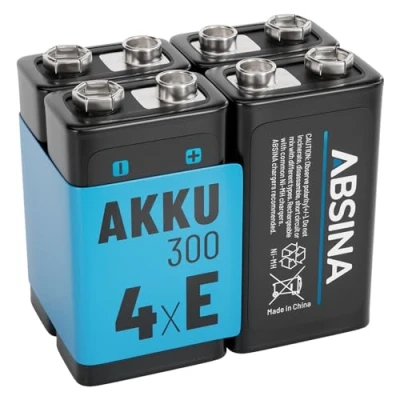 Afbeelding van ABSINA 4X 9V oplaadbare batterij blok 300 met lage zelfontlading blokbatterij NiMH min. 270mAh &amp; 8,4V E Block batterij, oplaadbaar,