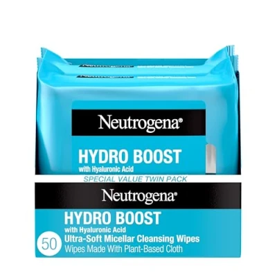 Afbeelding van Neutrogena Hydro Boost gezichtsreinigingsdoekjes + hyaluronzuur, hydraterende make up remover Gezichtsdoekjes Verwijder vuil en waterdichte up, hypoallergeen, 100% plantaardige doek, 2 x 25 stuks