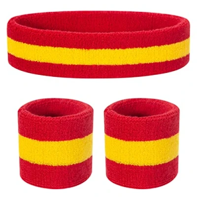 Afbeelding van ONUPGO Kinderzweetbandjes hoofdband polsbandset atletische katoenen zweetband voor sport (1 + 2 polsbandjes) (rood geel rood)
